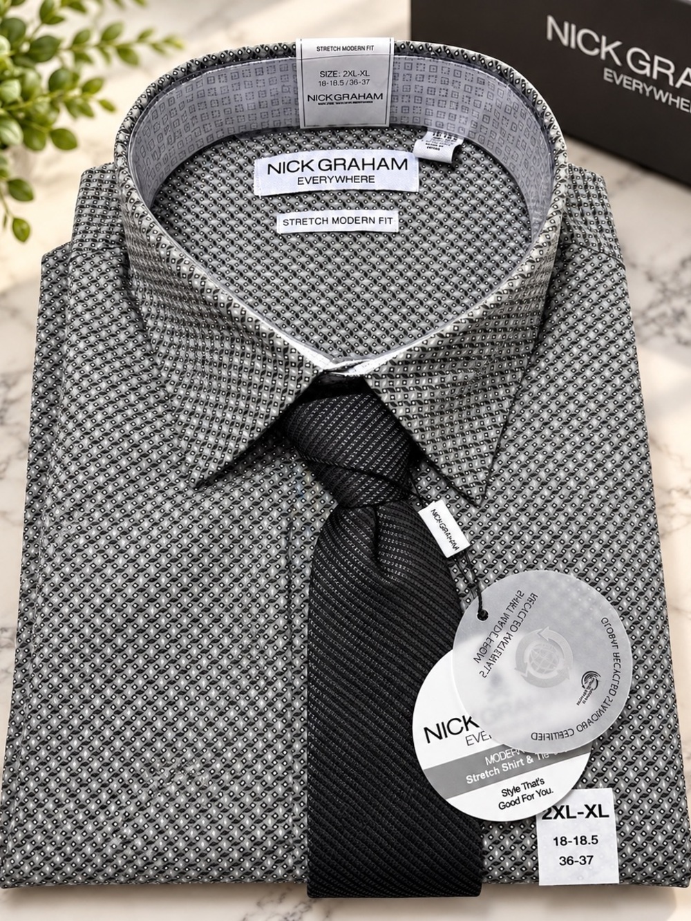 Nick Graham Men's Gray Pattern Stretch Dress Shirt 2XL-XL 18-18.5 36-37 with tie